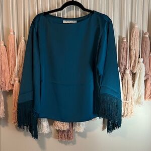 Trina Turk Teal Fringe Sleeve Blouse size S NWT